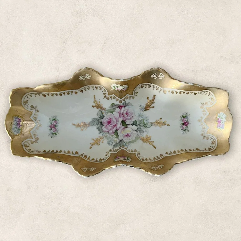 VINTAGE ROYAL CROWN Hand Painted Gold Rose Pattern Candy Dish Gold Trim 11